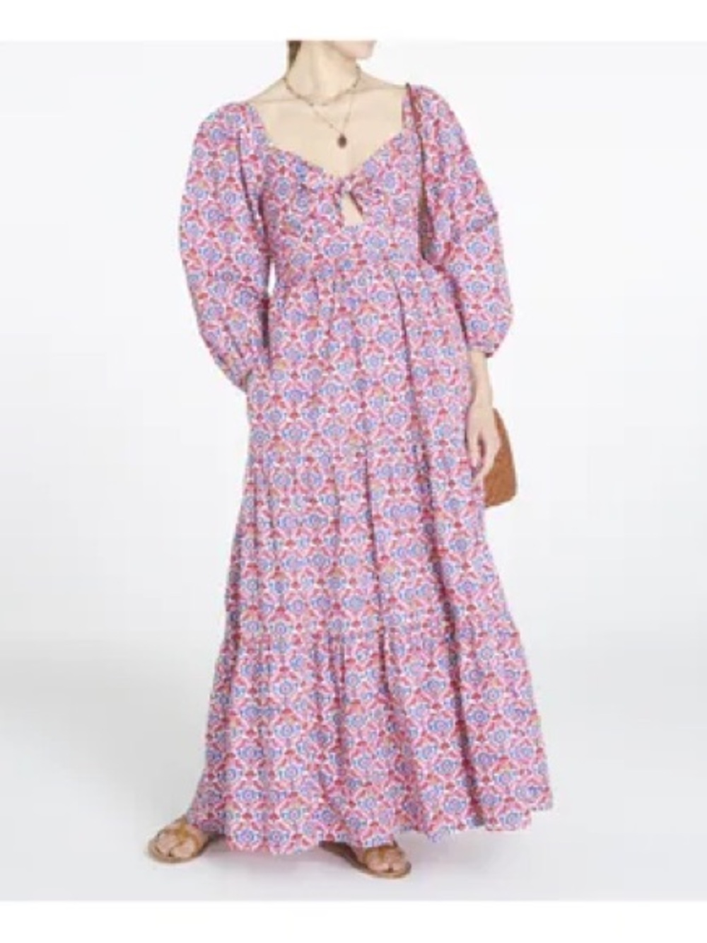 XiRENA Pink and Blue Floral Tie-Front Puff Sleeve Maxi Dress